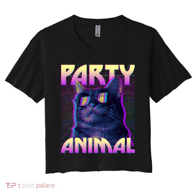 Funny Retro 80s Eighties Party Animal Cat Women's Crop Top Tee