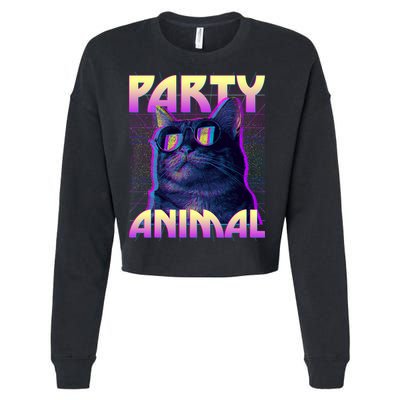 Funny Retro 80s Eighties Party Animal Cat Cropped Pullover Crew