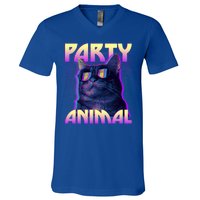 Funny Retro 80s Eighties Party Animal Cat V-Neck T-Shirt