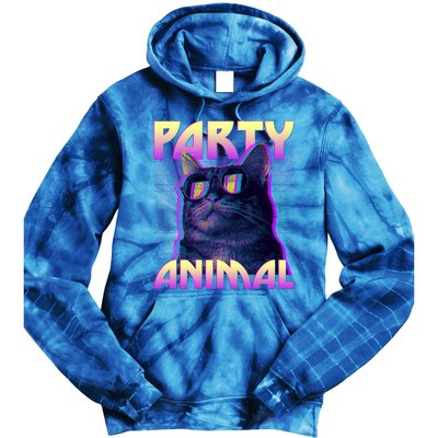 Funny Retro 80s Eighties Party Animal Cat Tie Dye Hoodie