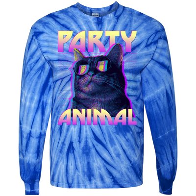 Funny Retro 80s Eighties Party Animal Cat Tie-Dye Long Sleeve Shirt