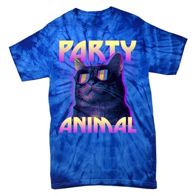 Funny Retro 80s Eighties Party Animal Cat Tie-Dye T-Shirt