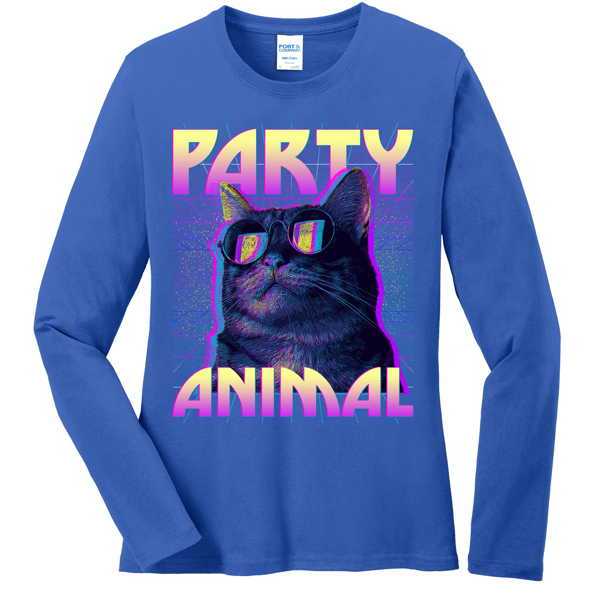 Funny Retro 80s Eighties Party Animal Cat Ladies Long Sleeve Shirt