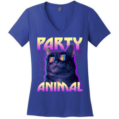 Funny Retro 80s Eighties Party Animal Cat Women's V-Neck T-Shirt