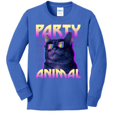 Funny Retro 80s Eighties Party Animal Cat Kids Long Sleeve Shirt