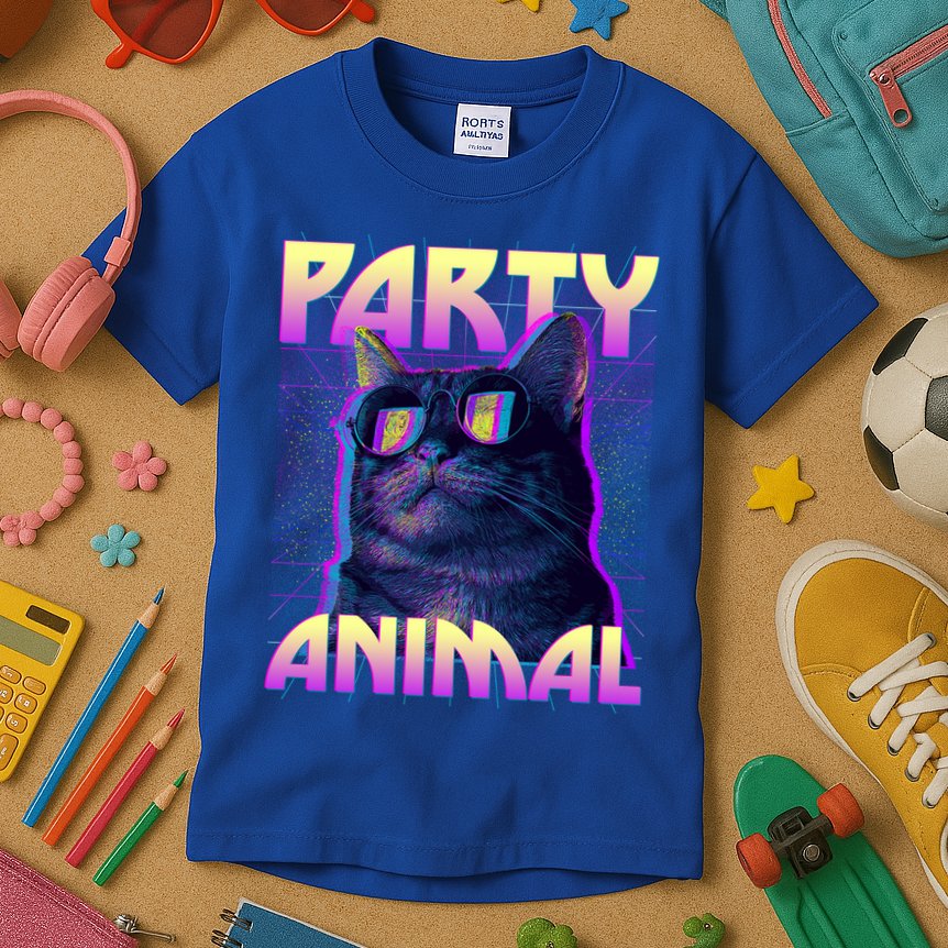 Funny Retro 80s Eighties Party Animal Cat Kids T-Shirt