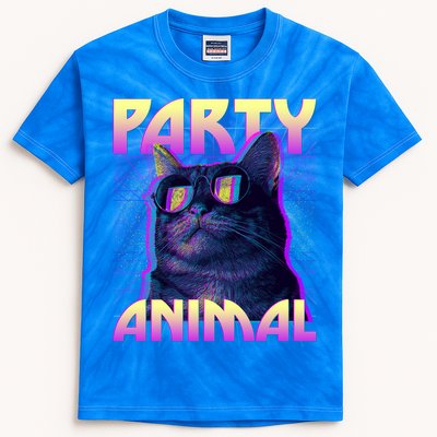 Funny Retro 80s Eighties Party Animal Cat Kids Tie-Dye T-Shirt