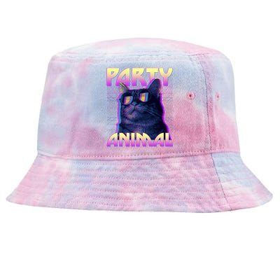 Funny Retro 80s Eighties Party Animal Cat Tie-Dyed Bucket Hat