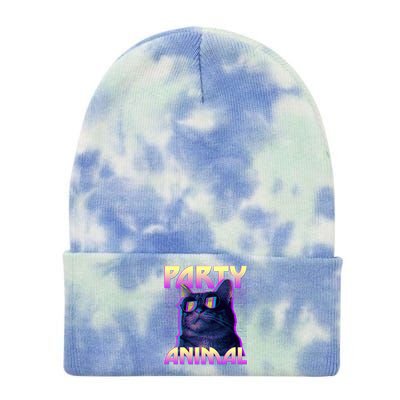 Funny Retro 80s Eighties Party Animal Cat Tie Dye 12in Knit Beanie