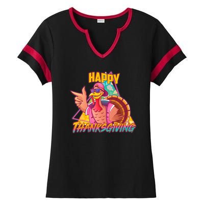 Funny Retro 80s 90s Thanksgiving Turkey Ladies Halftime Notch Neck Tee