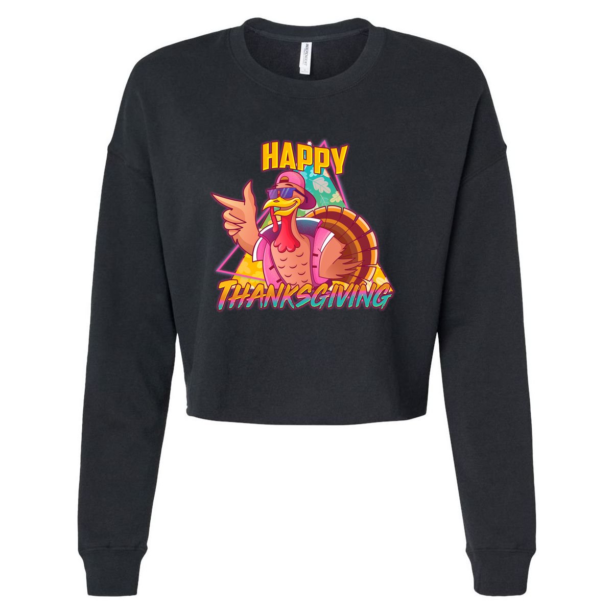 Funny Retro 80s 90s Thanksgiving Turkey Cropped Pullover Crew