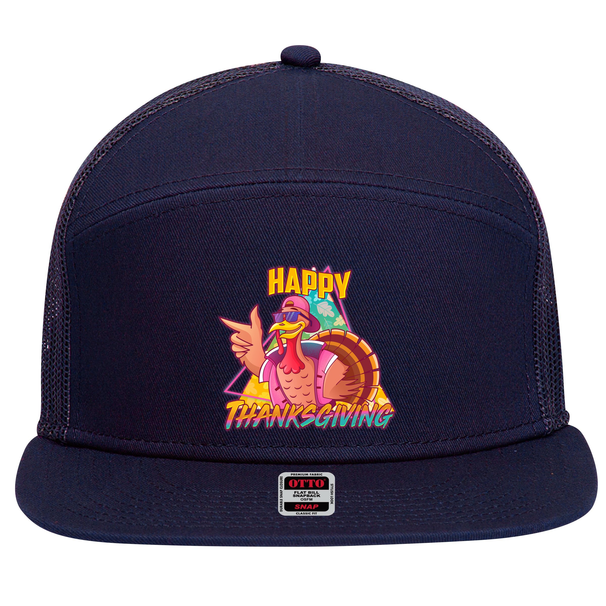 Funny Retro 80s 90s Thanksgiving Turkey 7 Panel Mesh Trucker Snapback Hat