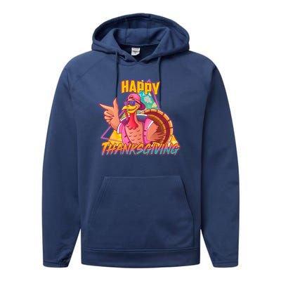 Funny Retro 80s 90s Thanksgiving Turkey Performance Fleece Hoodie