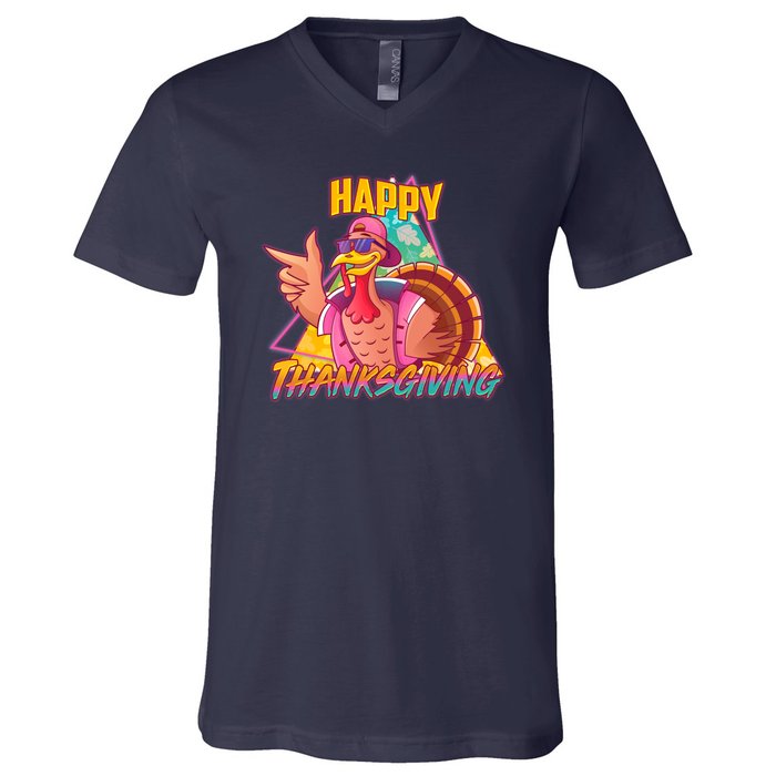 Funny Retro 80s 90s Thanksgiving Turkey V-Neck T-Shirt