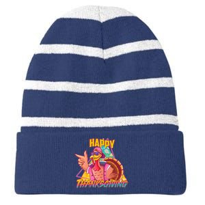 Funny Retro 80s 90s Thanksgiving Turkey Striped Beanie with Solid Band