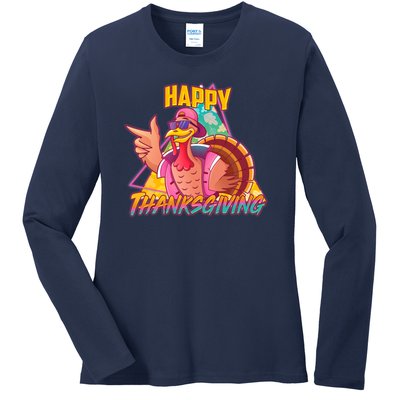 Funny Retro 80s 90s Thanksgiving Turkey Ladies Long Sleeve Shirt