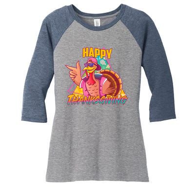 Funny Retro 80s 90s Thanksgiving Turkey Women's Tri-Blend 3/4-Sleeve Raglan Shirt