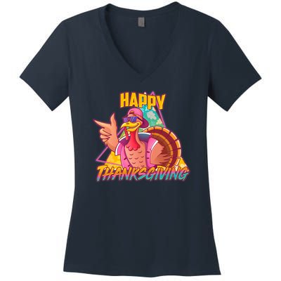 Funny Retro 80s 90s Thanksgiving Turkey Women's V-Neck T-Shirt