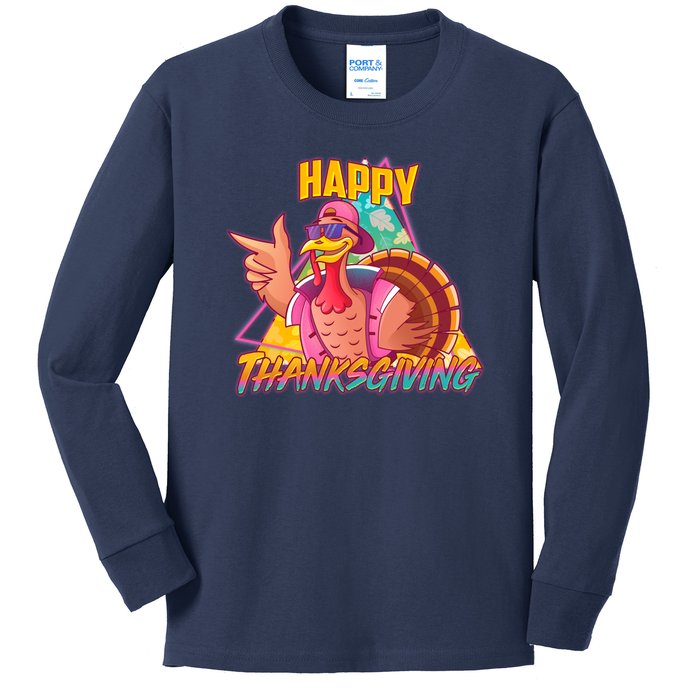 Funny Retro 80s 90s Thanksgiving Turkey Kids Long Sleeve Shirt