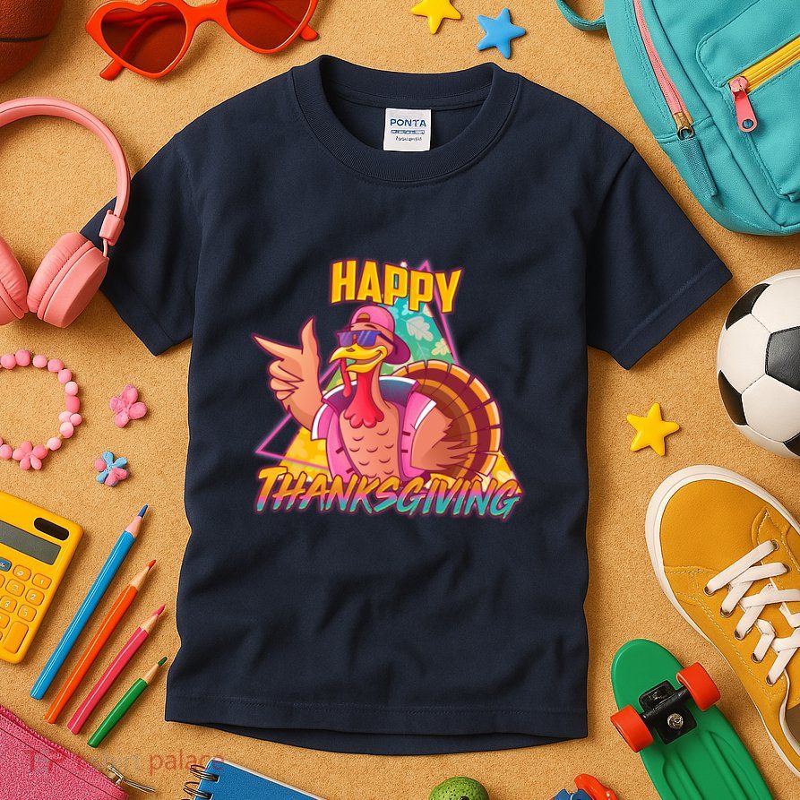 Funny Retro 80s 90s Thanksgiving Turkey Kids T-Shirt