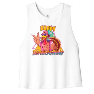 Funny Retro 80s 90s Thanksgiving Turkey Women's Racerback Cropped Tank