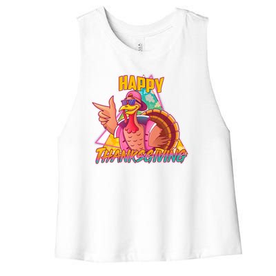 Funny Retro 80s 90s Thanksgiving Turkey Women's Racerback Cropped Tank