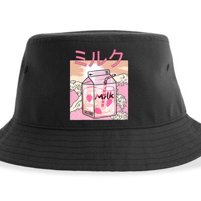 Funny Retro 90s Japanese Kawaii Strawberry Milk Shake Carton Sustainable Bucket Hat