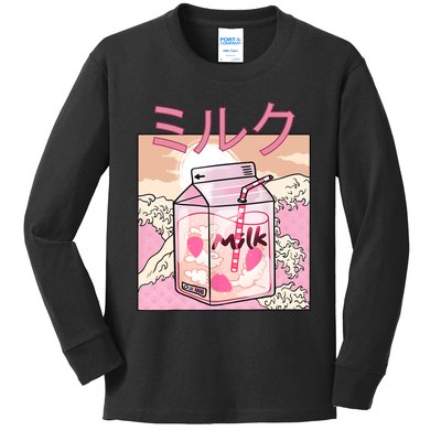 Funny Retro 90s Japanese Kawaii Strawberry Milk Shake Carton Kids Long Sleeve Shirt