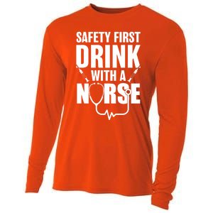 Funny Rn Appreciation Gift Safety First With A Nurse Gift Cooling Performance Long Sleeve Crew