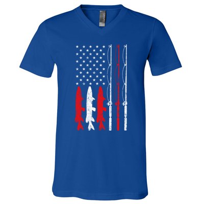 Fishing Rod American Flag Vintage Fishing Gift For Fisher Gift V-Neck T-Shirt