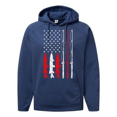 Fishing Rod American Flag Vintage Fishing Gift For Fisher Gift Performance Fleece Hoodie