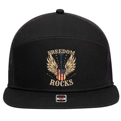 Freedom Rocks American Flag 4th July Guitar Cute Gift 7 Panel Mesh Trucker Snapback Hat