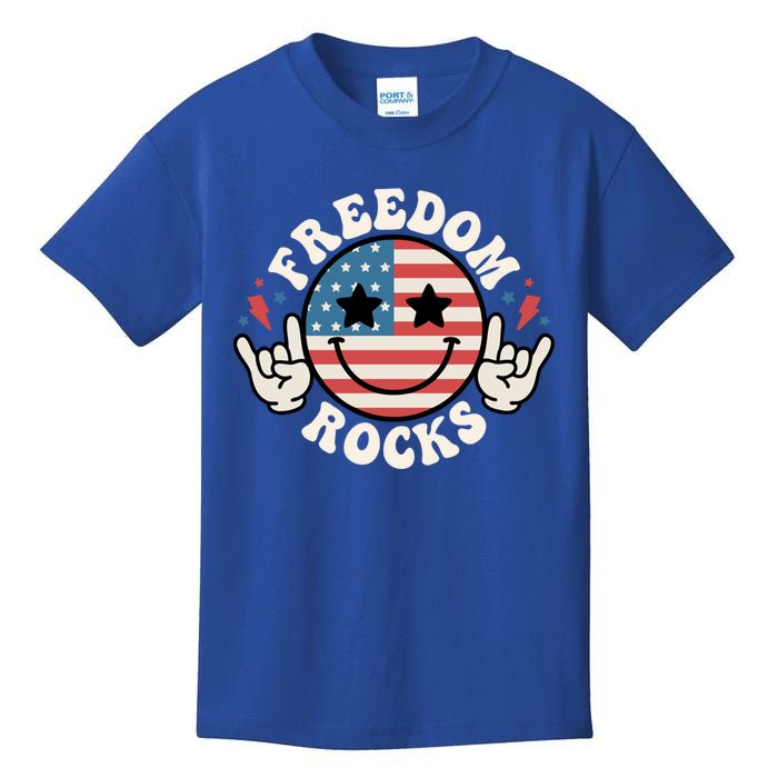 Freedom Rocks American Flag Funny Smile 4th Of July Groovy Gift Kids T-Shirt