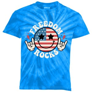 Freedom Rocks American Flag Funny Smile 4th Of July Groovy Gift Kids Tie-Dye T-Shirt