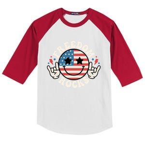 Freedom Rocks American Flag Funny Smile 4th Of July Groovy Gift Kids Colorblock Raglan Jersey