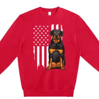 Funny Rottweiler American Flag Dog Art For Patriot Premium Crewneck Sweatshirt