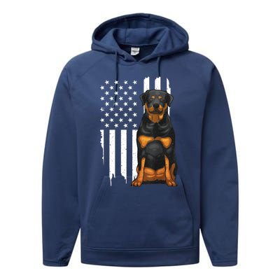 Funny Rottweiler American Flag Dog Art For Patriot Performance Fleece Hoodie