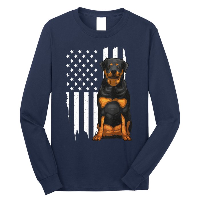 Funny Rottweiler American Flag Dog Art For Patriot Long Sleeve Shirt