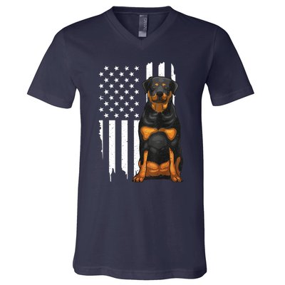 Funny Rottweiler American Flag Dog Art For Patriot V-Neck T-Shirt