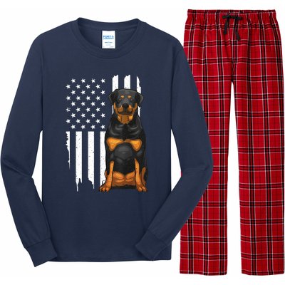 Funny Rottweiler American Flag Dog Art For Patriot Long Sleeve Pajama Set