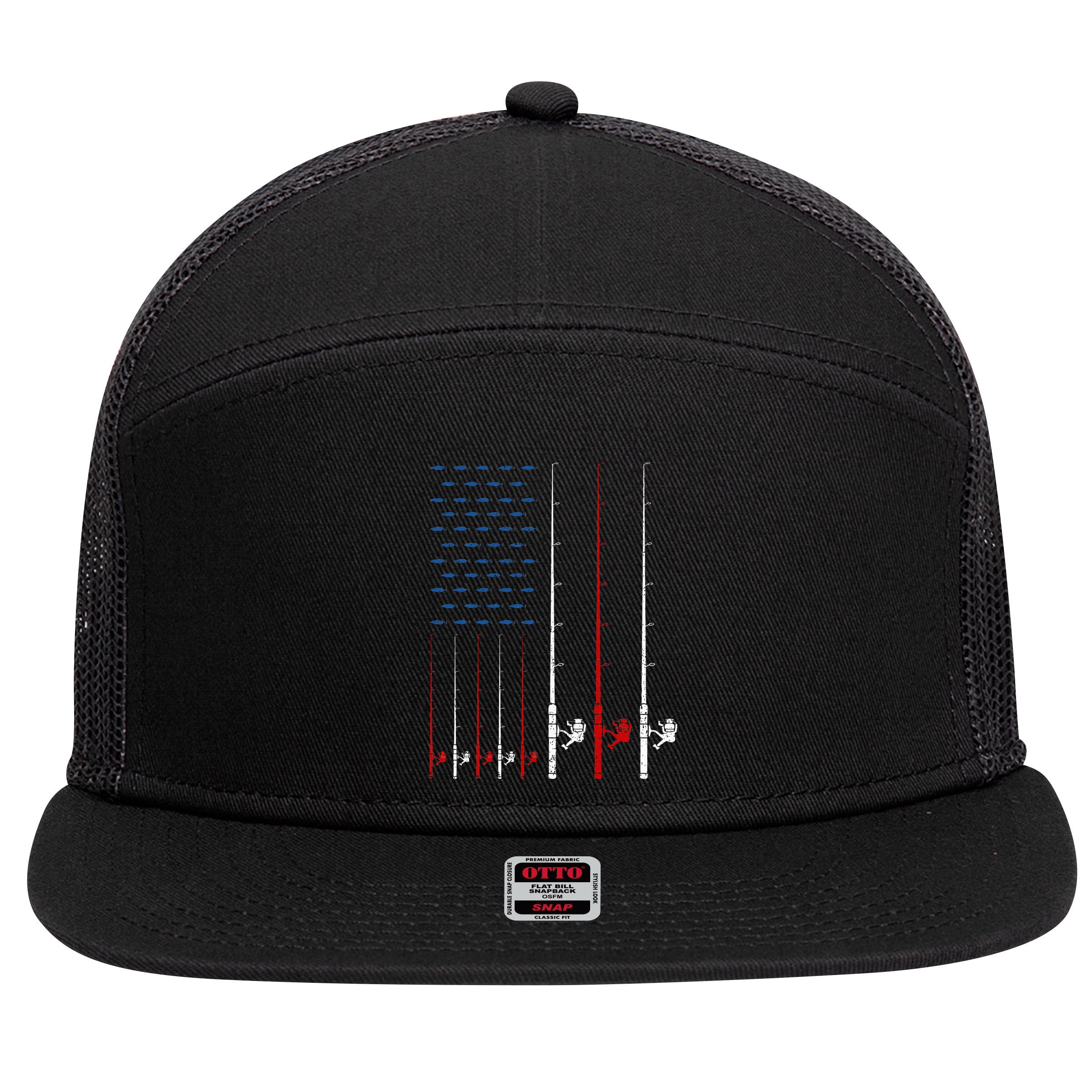 Fishing Rods American Flag 7 Panel Mesh Trucker Snapback Hat