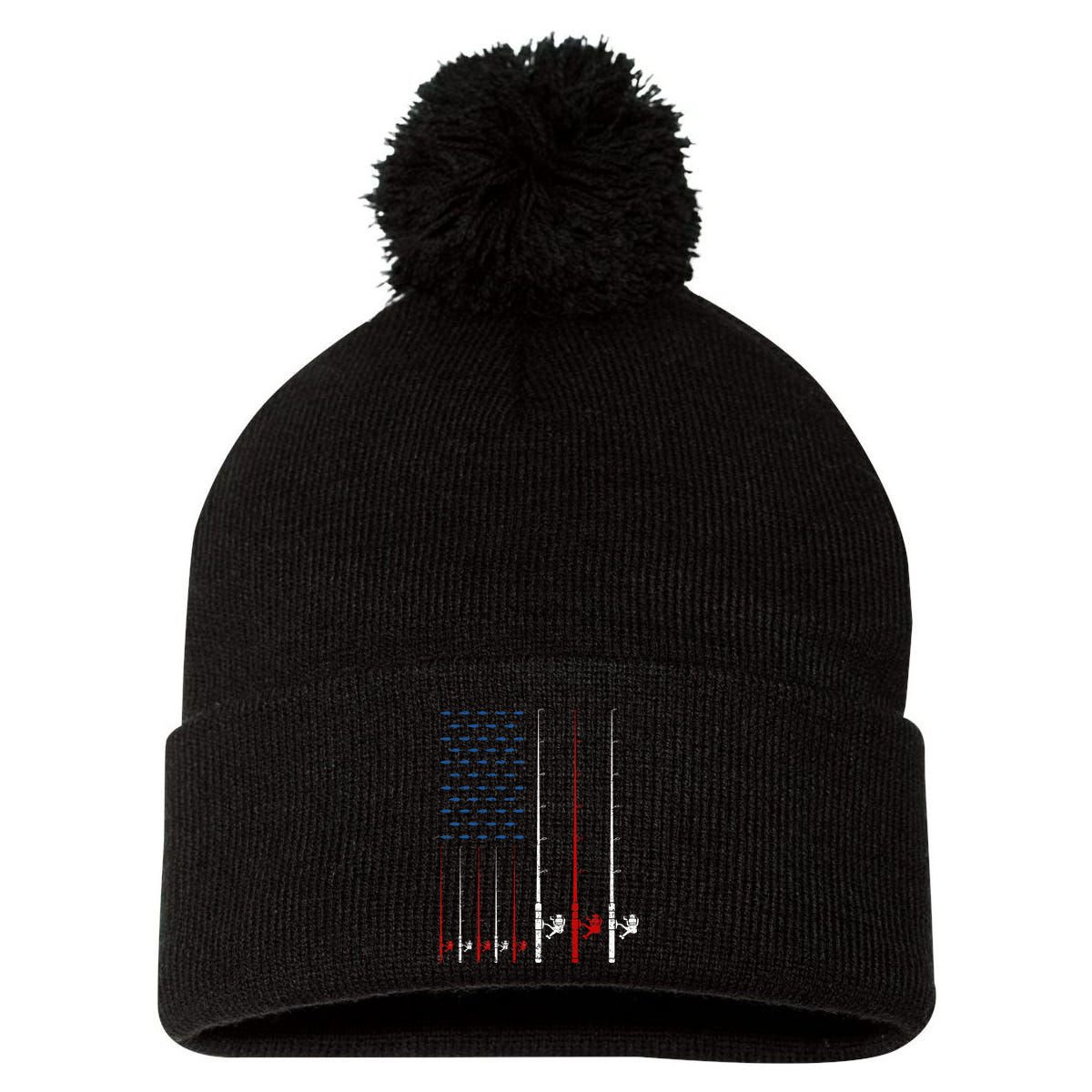 Fishing Rods American Flag Pom Pom 12in Knit Beanie
