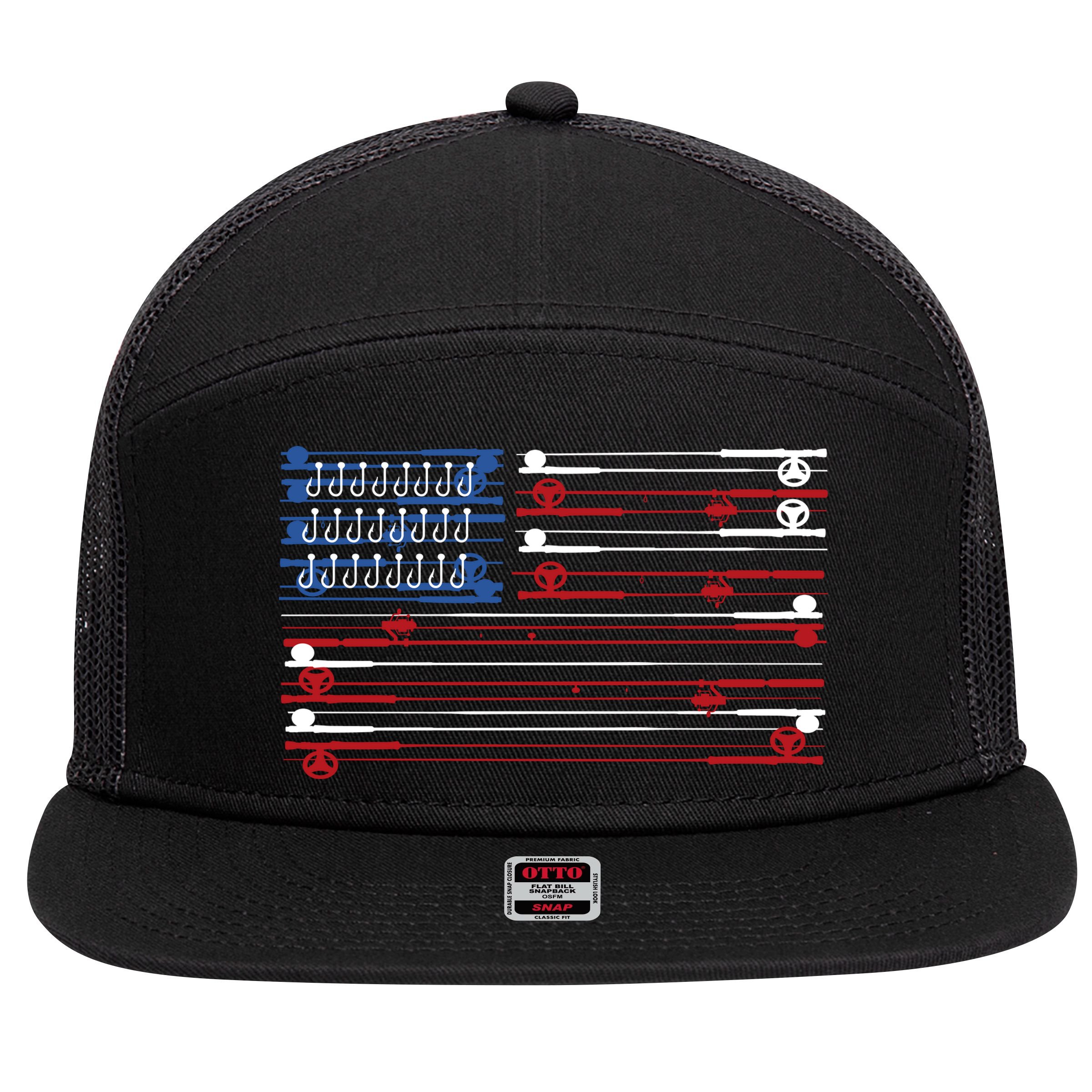 Fishing Rods American Flag 7 Panel Mesh Trucker Snapback Hat