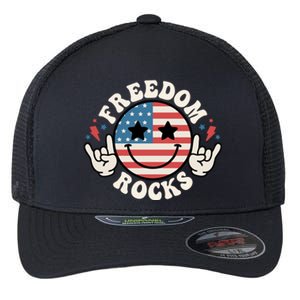 Freedom Rocks American Flag Funny Smile 4th Of July Groovy Funny Gift Flexfit Unipanel Trucker Cap