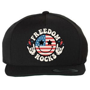 Freedom Rocks American Flag Funny Smile 4th Of July Groovy Funny Gift Wool Snapback Cap