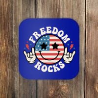 Freedom Rocks American Flag Funny Smile 4th Of July Groovy Funny Gift Coaster