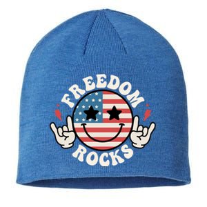 Freedom Rocks American Flag Funny Smile 4th Of July Groovy Funny Gift Sustainable Beanie