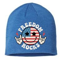 Freedom Rocks American Flag Funny Smile 4th Of July Groovy Funny Gift Sustainable Beanie