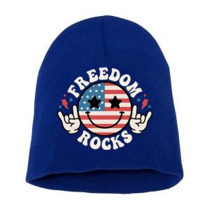 Freedom Rocks American Flag Funny Smile 4th Of July Groovy Funny Gift Short Acrylic Beanie