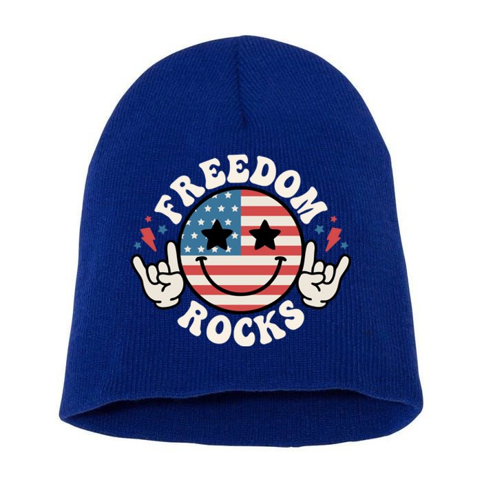 Freedom Rocks American Flag Funny Smile 4th Of July Groovy Funny Gift Short Acrylic Beanie